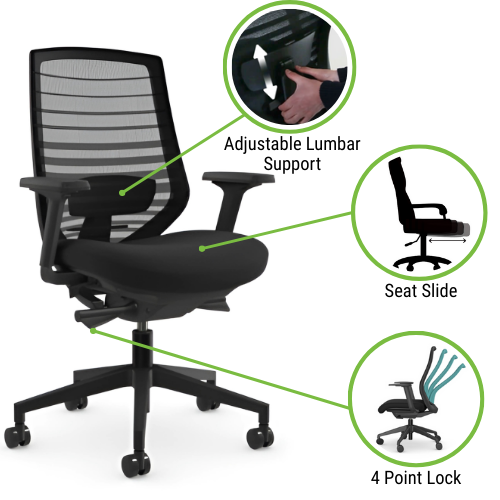 X.77 Mesh Back Office Chair in Black with Highlighted Features - Seat Slide, 4D Armrests & 4 Lock-Tilt Mechanism